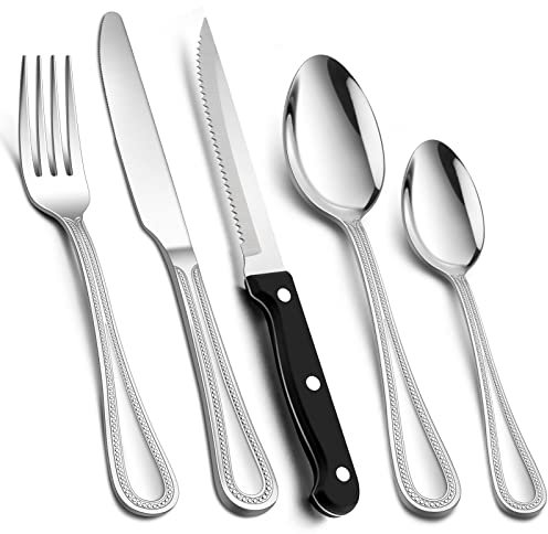 40 Piece Cutlery Set with Steak Knives, Homikit Stainless Steel Flatware Silverware Sets Included Knives Forks Spoons, Pearled Edge Tableware Service for 8 People, Mirror Polished, Dishwasher Safe