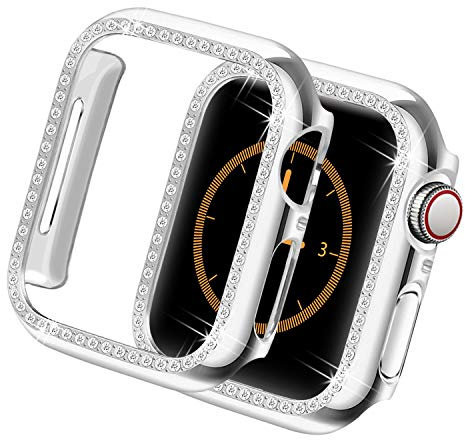 Yolovie Custodia scintillante compatibile con Apple Watch serie 9, 8, 7, 41 mm, con strass e strass, cornice protettiva rigida in policarbonato per iWatch, 41 mm, argento