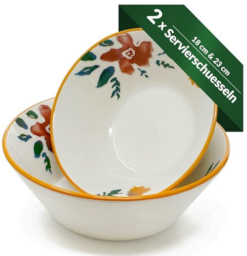 Lashuma 2x Pastaschüsseln Keramik, Servierschale bunt Blütenfest 18 cm Ø, Suppenschale groß 23 cm Ø