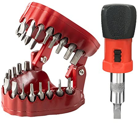 Magoog Denture Drill Bit Holder,Magoog Gag Gift for Dentist,3D Sculpture Desk Decor,1/4” Hex Bit Screwdriver,2-in-1 Screwdriver& Desk Gadget,Magnetic Gums with 28PCS Bits,Red