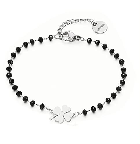 LEEQBCR 1pcs Armband mit vierblättrigem Kleeblatt-Anhänger, hypoallergener Edelstahl mit schwarzen Perlen, einfaches Armband, bringt neuen Charme zu Lucky Jewelry