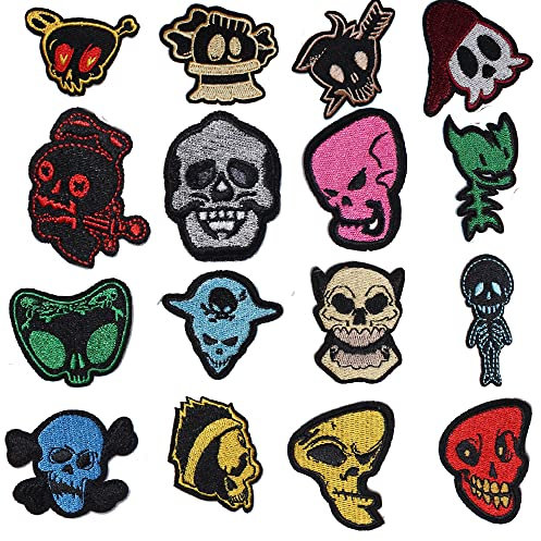 AXEN 16PCS Skull Embroidered Iron on Patches DIY Accessories, Assorted Skull Decorative Patches, Cute Sewing Applique for Jackets, Hats, Backpacks, Jeans