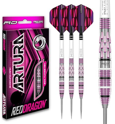 RED DRAGON Artura Shocking Rosa 24 Gramm Premium Tungsten Darts Set mit Flights und Stielen