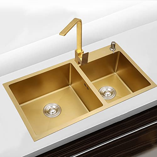 Edelstahlspüle Gold Große Doppelspüle Küchenspüle Goldene Spüle Und Wasserhahn Verdickte Platte Komplettes Zubehör (Color : Gold, S : 82x45cm(B))