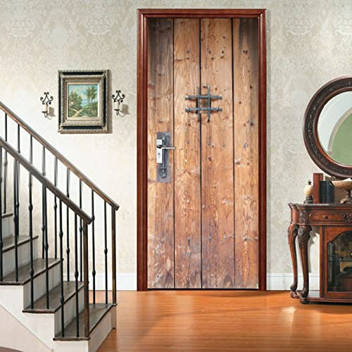 Sticker Porte Trompe l'oeil Effect Porte en bois vintage Poster Mural Placard Chambre Toilette Bain Cuisine pour Décoration Entree, PVC Auto-adhésifs Amovible Papier Peint Porte 95 x 215cm