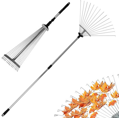ZENO Garden Rake 25 Tines | Rake for Gardening | 31-67 Inch Adjustable Rakes for Lawns, Artificial Grass & Moss | Heavy Duty Metal Tines & Comfortable Handle | Collapsible Garden Rakes | Silver