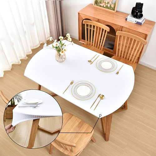Amonsa Ovale, elastische Tischdecke, für ovale Tische, waschbar, dehnbarer Spandex-Stoff, Tischtuch, kein Vinyl, 122 x 172 cm, Weiß