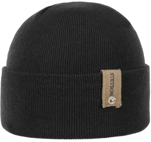 Stetson Organic Cotton Merino Umschlagmütze Einfarbig Elegante Beanie Baumwollmix Made in Italy Herren Herbst/Winter schwarz One Size