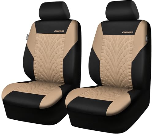 CAR PASS Autositzbezüge, nur für 2 Vordersitze, 3D-Reifendruck, geprägte Bezüge, airbagtauglich, schnelle Anbringung, universelle Passform, für Auto, LKW, SUV, Schwarz-Beige