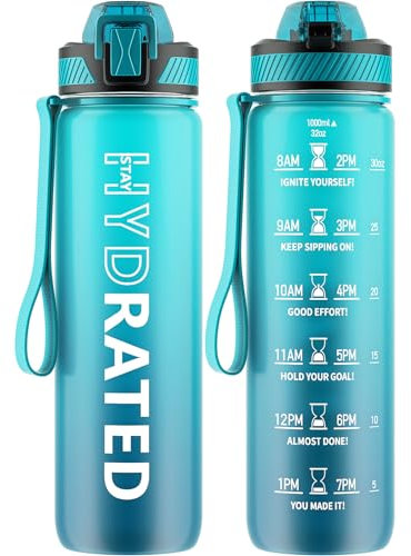 QLUR Trinkflasche, 1L BPA-Frei Tritan Wasserflasche mit Strohhalm, Trinkflasche Sport Auslaufsicher mit Zeitmarkierung und Bürste, Sportflasche für Fitness, Büro, Schule, Yoga, Outdoor(1 Flasche)