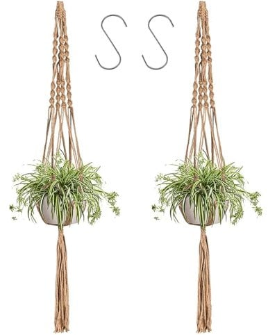 Eyerayo Macrame Plant Hangers Jute Rope Hanging Planter Basket Wall Hanging Flower Pot Holder with Hooks for Garden Home Decoration 2 Packs