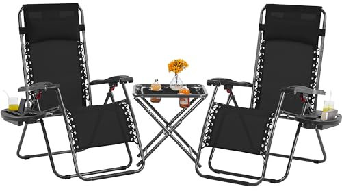 Yaheetech 3PCS Zero Gravity Recliner Portable Foldable Outdoor Sunlounger Table Set w/Pillow & Carry Strap for Patio Deck Garden Pool Black