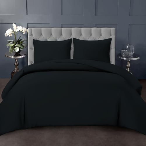 Pizuna Bettbezug 155x220 cm Baumwolle Schwarz, 1000 Fadenzahl aus 100% langstapeliger Baumwolle in Satinbindung Dickes Bettbezug Set mit verdecktem Knopfverschluss und 1 Kopfkissenbezug 80x80 cm