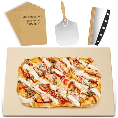 Gerrii 50,8 cm großes Pizzastein-Set für Backofen, Grill, 50,8 x 34,3 cm, rechteckiger Pizzastein, Backstein mit 35,6 cm großem Metall-Pizzaschieber, 32 cm Pizzaschneider und 100 Stück Kochpapier für