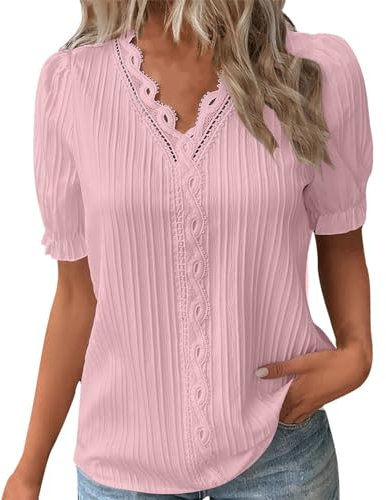 Tee Shirt Femme Col V Dentelle Tunique Femme Grande Taille été Léger Chemise Femme Chic Et élégant Manche Courte Blouse Top Haut Femme Ete Fluide Pas Cher Fashion Soiree (Rose-3, 4XL)