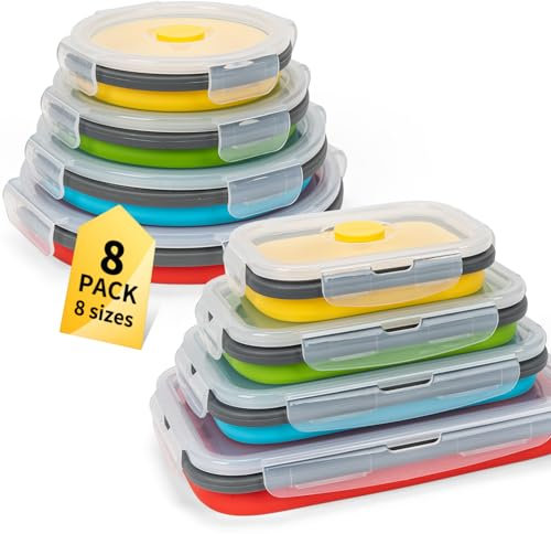 Collapsible Food Storage Containers with Lid & Air Vent, 8 Pack, 4 Rectangular + 4 Round, Annaklin Foldable Silicone Lunch Containers Collapsible Bowls Set, Microwave Freezer Dishwasher Safe, 4 Colors