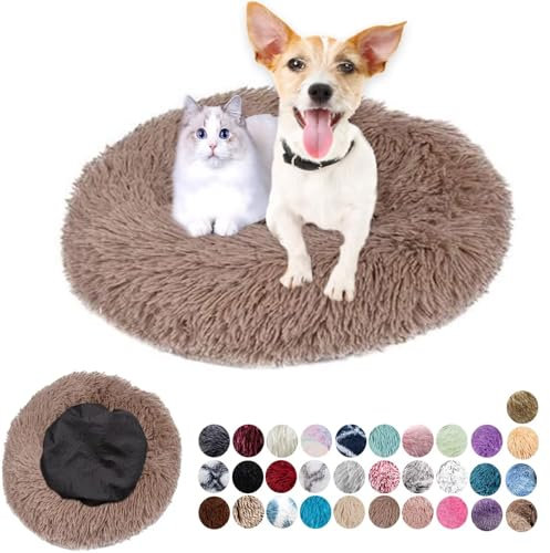 Ryanbem Hundebett Rund Plüsch Hundekissen Weich Warm Hundebetten Anti-Angst, Hundehütte Flauschig Kissen Hundebett Waschbar für Kleine, Mittelgroße, Große Hunde Beigebraun 110cm