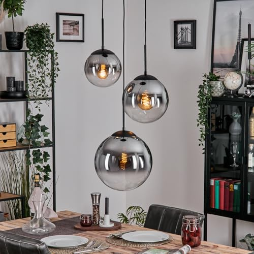 HOFSTEIN Hängeleuchte Gastor, 3-flammige Hängelampe aus Metall/Glas in Schwarz/Rauch/Klar, moderne Pendelleuchte im Retro/Vintage-Design, Ø Schirme 20; 25; 30 cm, E27, Esszimmer, Küche, Wohnzimmer