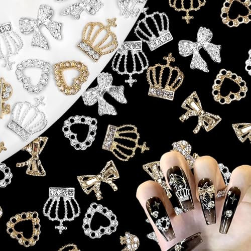 Hebterrka 30 Stück 3D Metalllegierung Nagel Charms, Dollar, Krone, Diamant, Gold und Silber Schleifen, Herz Strass, Luxuriöse Nagelkunst Dekorationen für Frauen