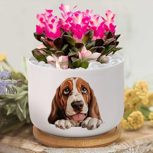Yelolyio Basset Hound Planters Ceramic Dog Lover Gift Round Flower Pots with Drainage Holes And Bamboo Tray Plant Pot for Outdoor Indoor Plants House Warming Gifts