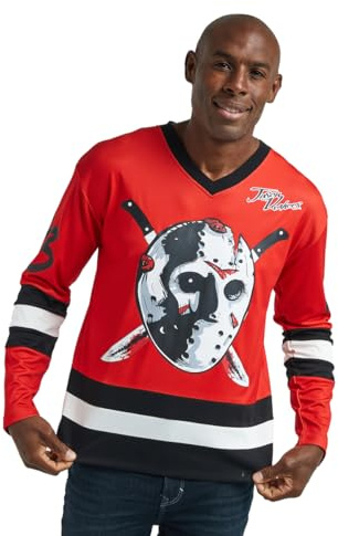 Friday The 13th Jason Mask Maillot de hockey à manches longues pour homme Colorblock Cosplay, Rouge, Taille M