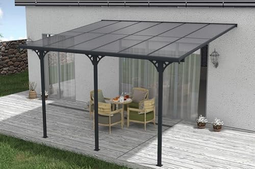 Cazeboo Pergola/Carport Aluminium, Abri de Voiture KLEO, 400 x 300 cm, Gris, Pergola adossée, 12m², Toit Polycarbonate