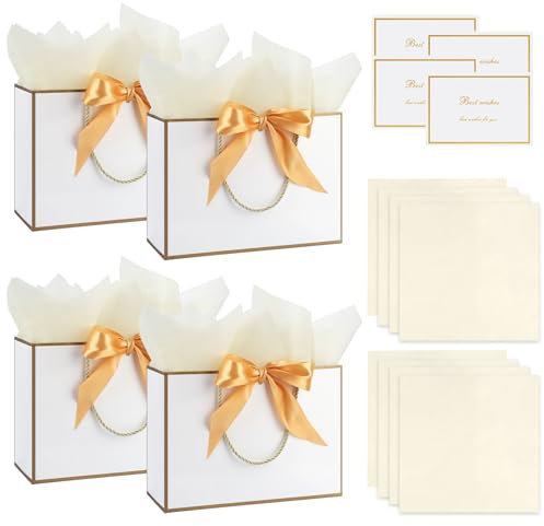 GHVACZS 4 Stück Geschenktüten, Geschenktüte mit Schleifenbändern + Grußkarten + Taschentüchern, Geschenk Tüte, Geeignet für Geburtstage, Hochzeiten, Feiern (Whitegold)