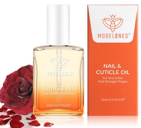 Modelones Cuticle Oil, Nail Strengthener with Jojoba Oil & Vitamin E, Nail Growth Oil that Repairs Cuticles & Promotes, Moisturizes Dry Skin, Rose Frangrance 15ml