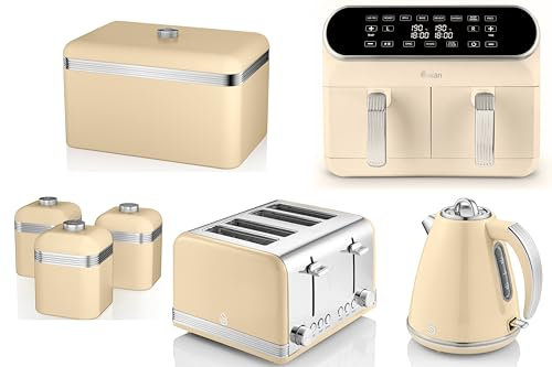 Swan Retro Cream 1.5L 3KW Jug Kettle, 4 Slice Toaster, 8L Dual Basket Air Fryer, Bread Bin and Tea, Coffee, Sugar Canisters. Matching Retro Design Kitchen Set of 7 in Cream