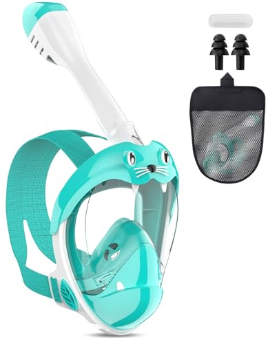 BBLTIFF Máscara de Buceo para Niños, 180° Visión Panorámica Máscara de Snorkel, Mascara Snorkel para Niño Impermeable y Antivaho, con Bolsa de Almacenamiento y Tapones para 4-12 Años (XS, Verde)
