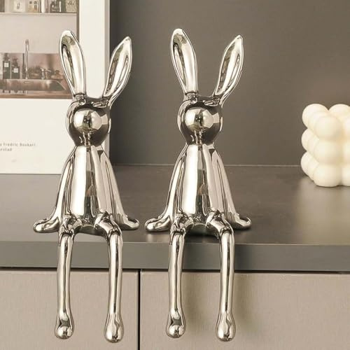 LUCKKY 2PCS Brass Sitting Bunny, Rabbit Statues, Osterdeko Hase, Sitzender Hase für Regal, Keramik-Galvanik Kaninchen Figur, Osterhasenskulptur, Tischdeko elegant, Frühlingsdeko Osterhase (Silber)