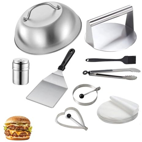 HTT GLOBAL Burger Press Kit, 9Pcs With Burger Press, Smasher, Spatula, Cheese Melting Dome, Egg Rings, Tongs, Brush, Shaker, and 50 Wax Discs, Complete Grilling Set