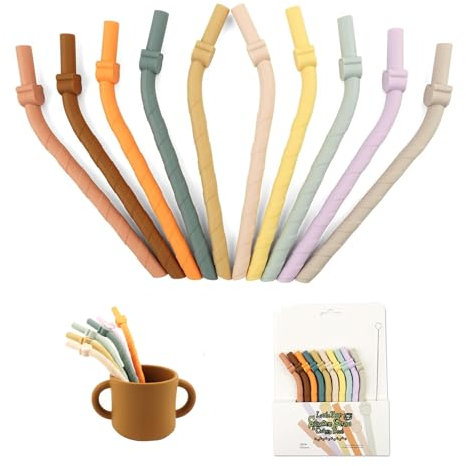 Wjelet 10 Pcs Silicone Straws,Reusable & Bendable,Wide Silicone Straws Set BPA-Free, Easy to Clean, Ideal for Smoothies, Juices, Eco-Friendly with Cleaning Brush, Bear-Shaped