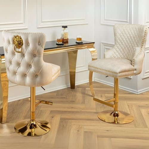 LEBENSwohnART Edler höhenverstellbarer Barstuhl Leon Samt beige Edelstahl Silber Löwenkopf Barhocker Chesterfield
