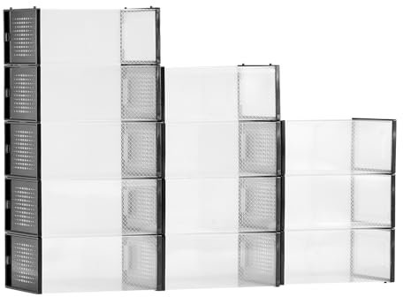 VEVOR 12 PCS Cajas de Almacenamiento para Zapatos, Cajas Apilables para Zapatos Aptas hasta la Talla 11 de EE. UU., Contenedores Modulares de Plástico para Guardar Tacones Altos, Botas, Marco Negro