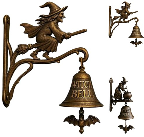Generisch Halloween-Hexen-Türklingel im Vintage-Stil, Gusseisen, Halloween-Türhänger mit Hexe auf Besen, dekorative Glocke für Veranda, Garten, Haustür, Hexendekoration und alltägliche Dekoration