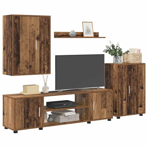 vidaXL 4 Piece TV Cabinet Set Wall-mounted Old wood Engineered wood, Modern Minimalist Tv Cabinet, Rectangular Design, Adjustable Feet, Ample Storage, Wall-Mounted Unit for Living Room Setup