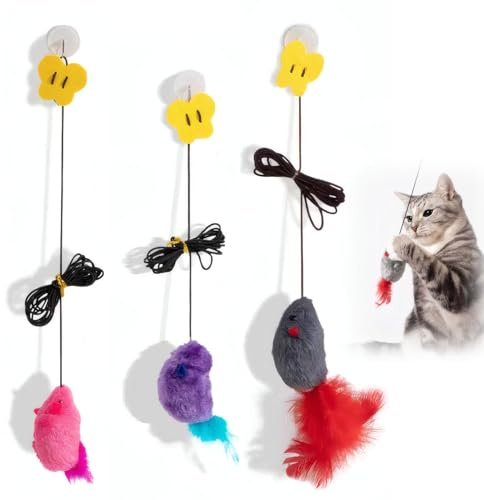 JiaHeHe - Juego de 3 juguetes colgantes para gatos, juguete interactivo con ratón de peluche y cola de plumas, cuerda elástica ajustable, juego dinámico y sin pilas, juguete para gato interior