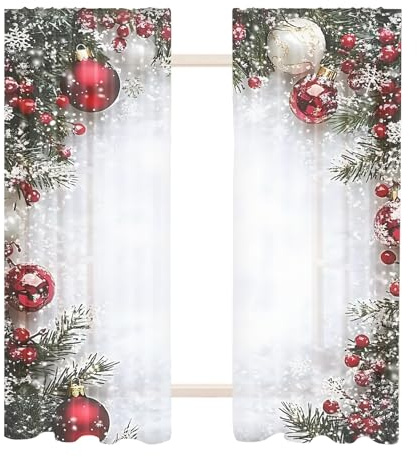 Weihnachts-Fenstervorhang – 2 Stück 2D-flach Bedruckte Weihnachtsvorhänge, Schneeflocken-Tannenzweig-Muster | Rote Luxus-Vorhänge Mit Weihnachtskugel-Aufdruck Für Winterparty, Feier, Schlafzimmer