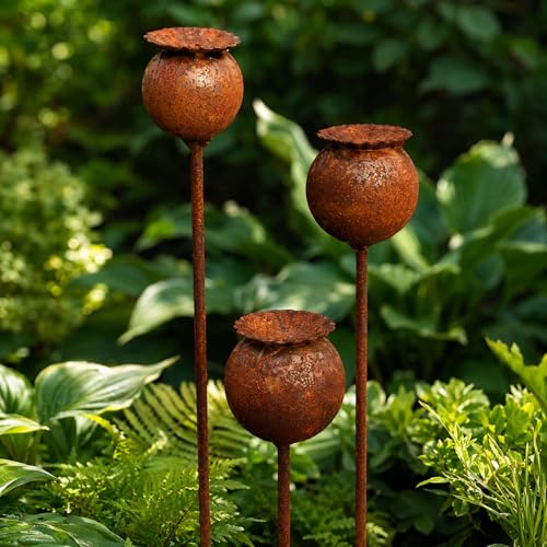 yeeplo 2er Rostige GartendekoSet Rost Deko für Garten Cortenstahl Gartenstecker Metall Blume Mohn Gartendeko Rost Rankstab Beetstecker Topfstecker Naturrost