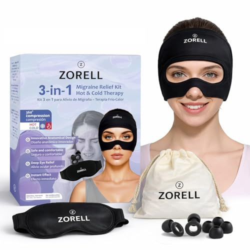 Gorro Migraña Frío/Calor 360° con Gel Extra Grueso y Antifaz | Set Antimigraña Reutilizable para Alivio de Migraña, Cefalea y Dolor de Cabeza, con tapones oido (Set 3 en 1)