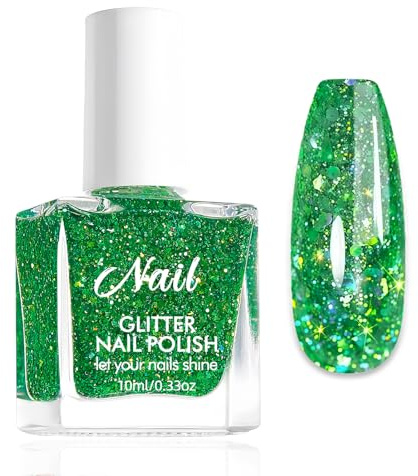 Glitzer Nagellack Grün - Wasserbasierter Schnelltrocknender Nagellack - Ungiftig Laser Glitzernagellack Nagellacke - Sparkling Nail Polish Nagelack Ohne UV Lampe Für Frauen(Green, 10ml)