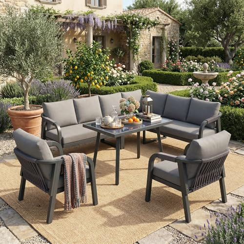 Jaxenor 8 Sitzer Lounge Möbel Set Outdoor, 240x183x83cm, Geflochtenem Seil Garden Sofa Set mit 1 Ecksofa, 1 Sessel und 1 Esstisch, Gartenmöbel Lounge Set für Pool und Balkon, Grau