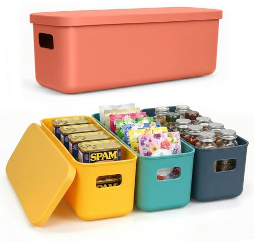 4 Pcs Plastic Narrow Storage Bins with Lid, Stackable Kitchen Cabinet Organiser with Handles, Long Under Sink Storage Baskets, Slim Organiser Storage Box for Kitchen, Office, Bathroom (28×10×9.5cm)