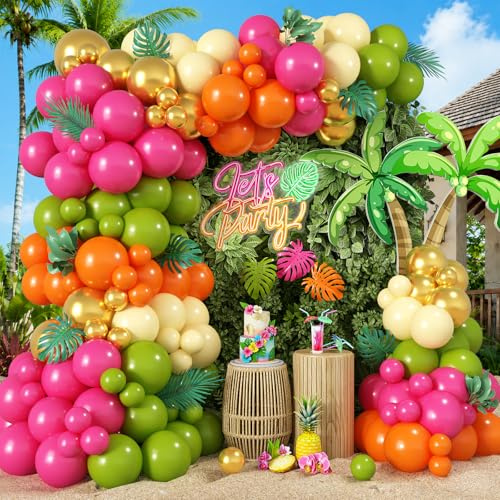 Kit de guirlande d'arche de ballons tropicaux hawaïens, vert olive, rose vif, orange, jaune, doré métallisé, pour enfants, plage, Luau, Aloha, piscine, anniversaire, flamant rose, fête prénatale