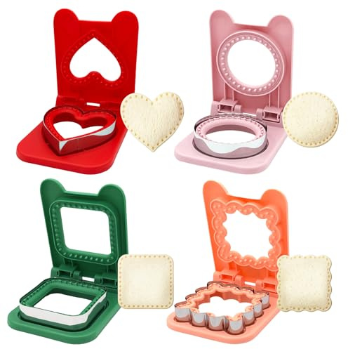 TZEKING 4 Piezas Cortador de Sándwich y Sellador, Set de Cortadores de Pan en Acero Inoxidable y PP, Formas Variadas para Sándwiches sin Corteza, Ideal para Bento Box, Escuela, Picnic