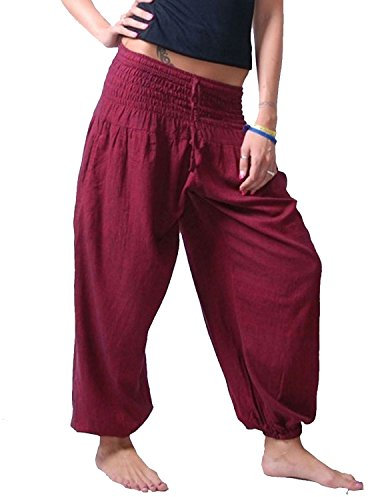 Kunst und Magie Damen Pluderhose Haremshose Sommerhose Hippie Goa Wellness Yoga, Farbe:Bordeaux, Größe Damen:34-38(S/M)