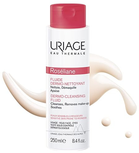 Uriage Roseliane Reinigendes Fluid gegen Rötungen mit CALENDULA, ROSE & APRICOT KERNEL OIL - Reinigt und lindert Rötungen - Frisches, milchiges Fluid - Sicher für empfindliche Haut - 250ml