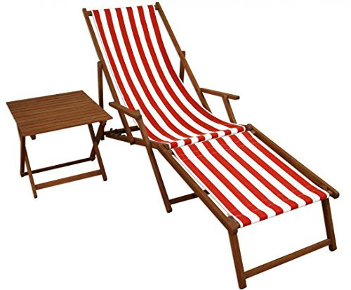 Gartenliege rot-weiß Fußteil Beistelltisch Deckchair Holz Buche Liegestuhl Relaxliege 10-314FT