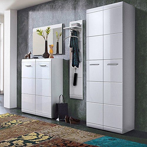 Lomadox Garderobe 4-teilig ● Hochglanz Weiß ● Garderobenset: Schuhschrank, Spiegel, Garderobenpaneel, Garderobenschrank ● Made in Germany